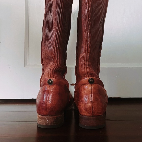 🧡 Frye Cognac Knee-high Pull-on Tall Leather Boots Narrow Calf - Picture 2 of 6